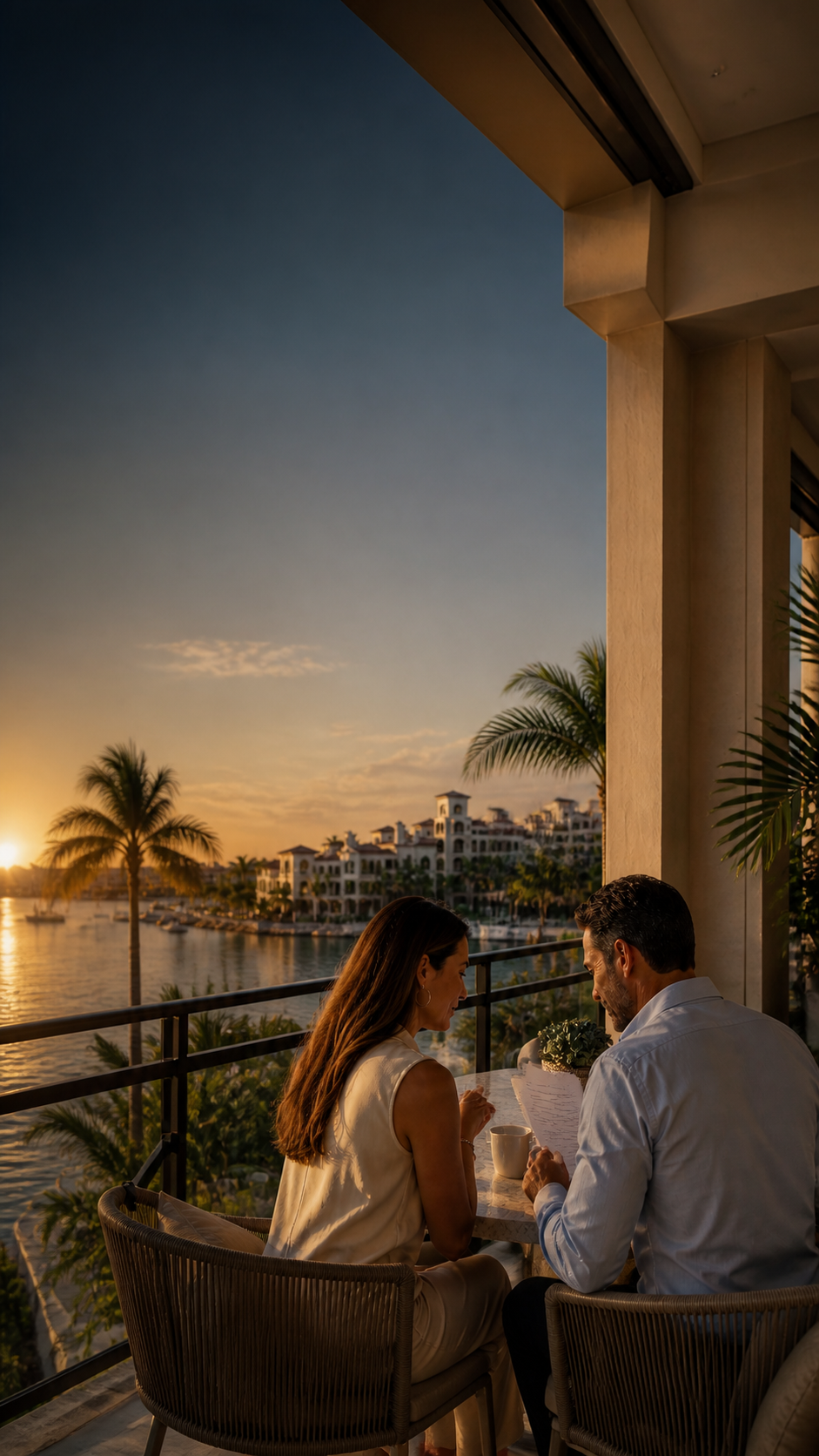 A professional couple reviewing their homeownership options on a Sarasota waterfront terrace at sunset