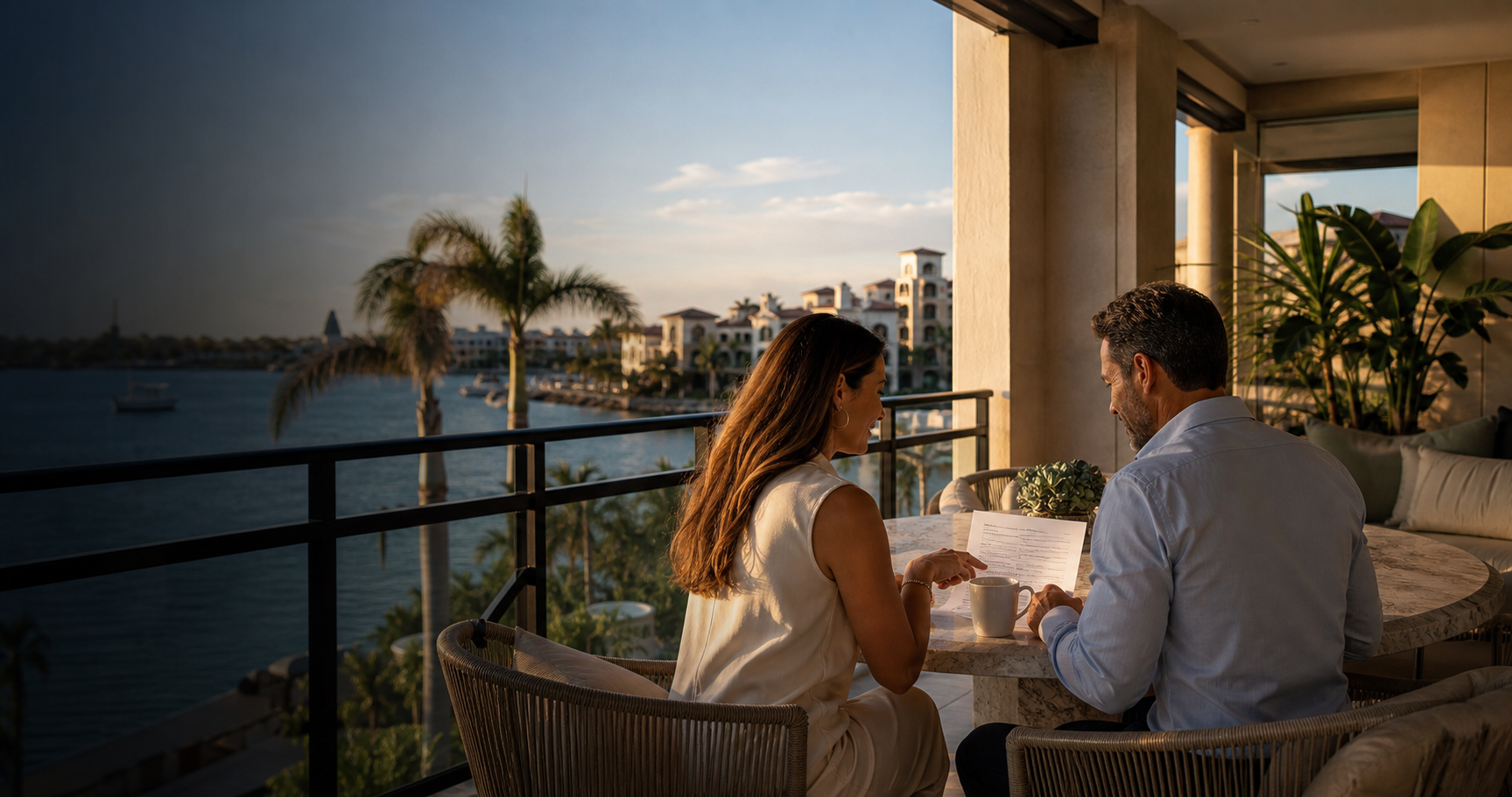 A professional couple reviewing their homeownership options on a Sarasota waterfront terrace